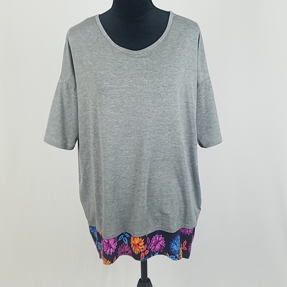 Lularoe women S Irma T-Shirt gray hi-low tunic short sleeve floral panel